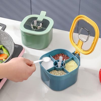 PP 4 Grid Seasoning Spice Container Nordic Style Kitchen Seasoning Storage Box With Lid and Spoon Set_img_4