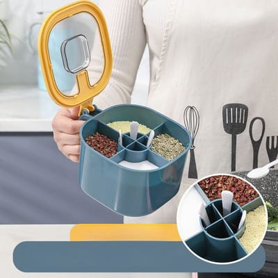 PP 4 Grid Seasoning Spice Container Nordic Style Kitchen Seasoning Storage Box With Lid and Spoon Set_img_0