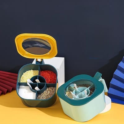 PP 4 Grid Seasoning Spice Container Nordic Style Kitchen Seasoning Storage Box With Lid and Spoon Set_img_1