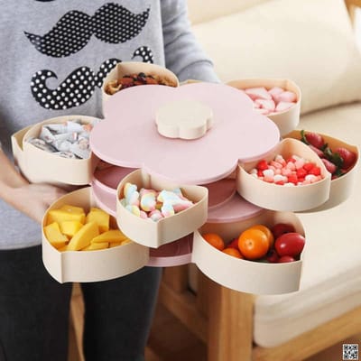 Flower Pattern Rotation 2-layer Petal Candy Box Nut Case Snack Storage Snack Box Creative Pattern Rotating Double Fruit Bowl Double Candy Box Double layer Box Container-8_img_0