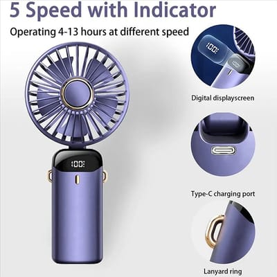 Handheld Fan Personal Fan 5000MAh Rechargeable,5 Speeds with LED Display,90° Adjustable_img_1